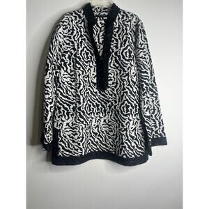 Sutton Studio Blouse Top Linen Tunic Womens XL Black Beads Sequins Animal Print